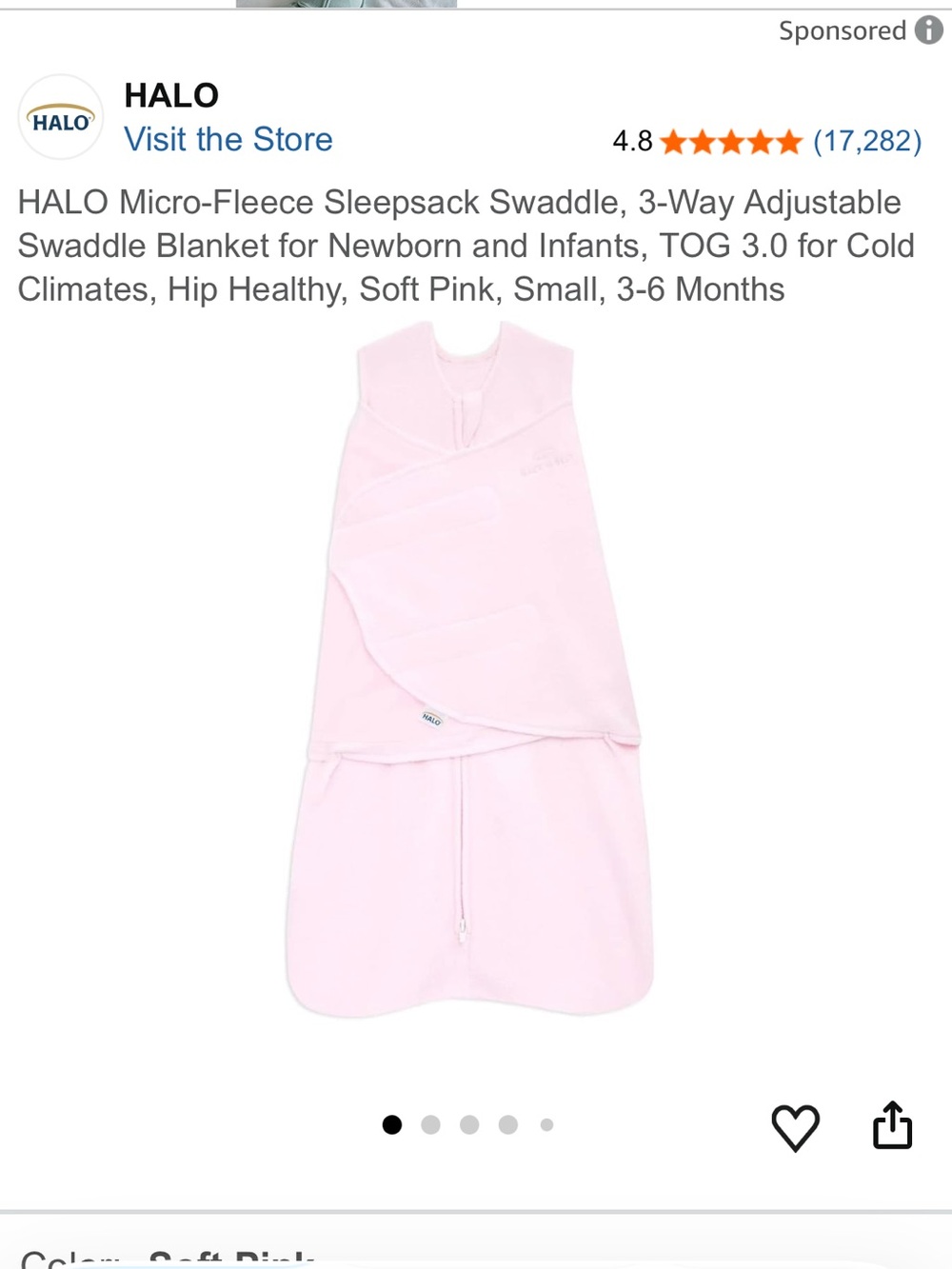 Halo Soft Pink Micro-Fleece Adjustable Sleepsack Swaddle Size Small (3-6M)